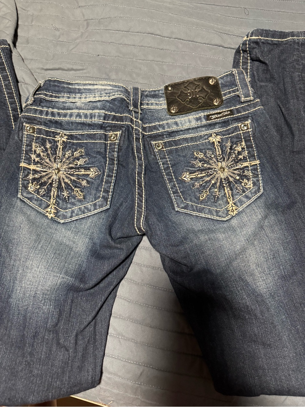 Miss Me Dark Blue Boot Cut Jeans with Cream Embroidered Pockets